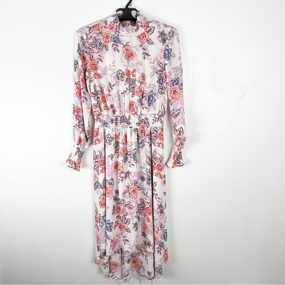 NANETTE LEPORE Pink Floral Hi-Low Hem Sheer Mock Neck Smock Waist Dress 6 Brunch